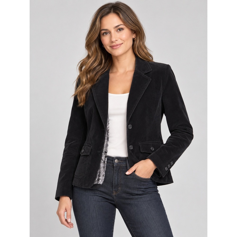 Lady Hathaway Corduroy Blazer Women Size Large Black Paisley Lined Flap Pockets